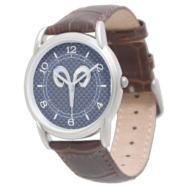 Silver Aries Zodiac Sign Navy Carbon Style Dial Watch (Angled)