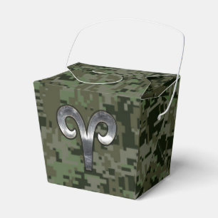 Silver Aries Zodiac Symbol Green Digital Camo Favor Box