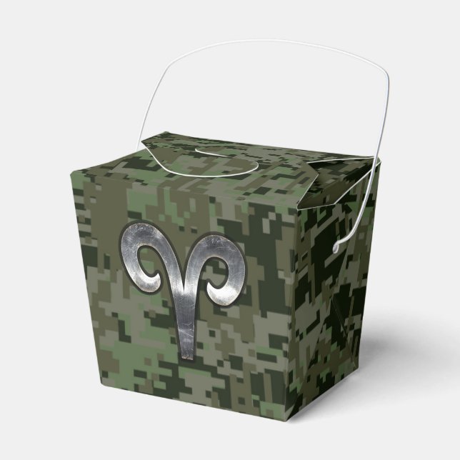 Silver Aries Zodiac Symbol Green Digital Camo Favor Box (Front Side)