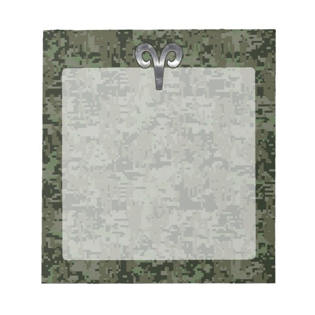 Silver Aries Zodiac Symbol Green Digital Camo Notepad (Front)