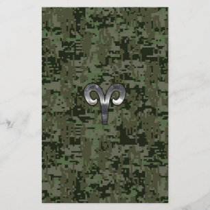 Silver Aries Zodiac Symbol Green Digital Camo Stationery