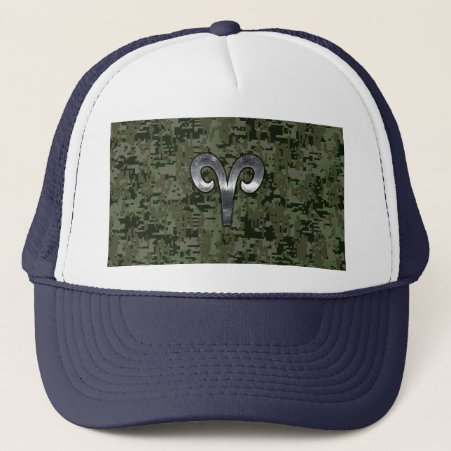 Silver Aries Zodiac Symbol Green Digital Camo Trucker Hat (Front)