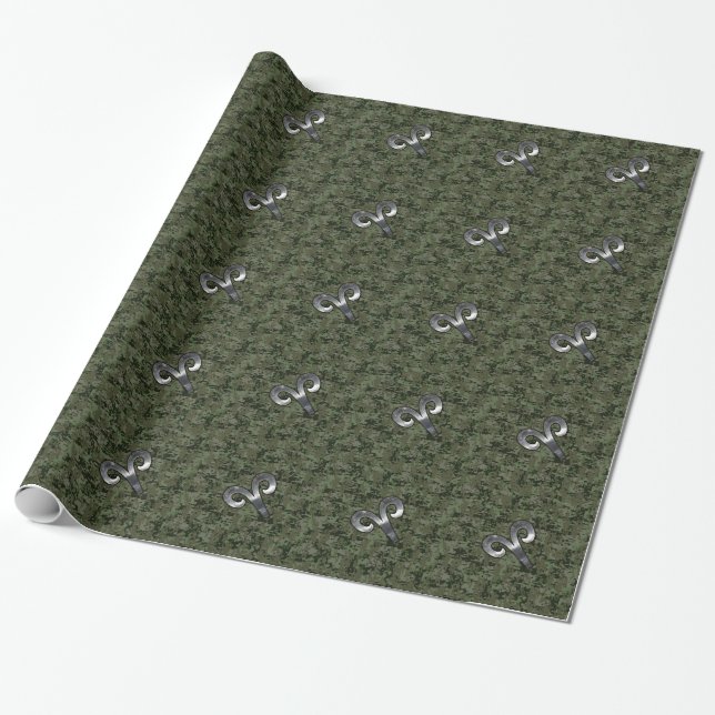 Silver Aries Zodiac Symbol Green Digital Camo Wrapping Paper (Unrolled)