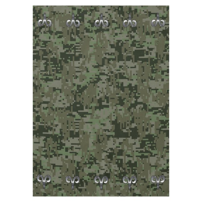 Silver Aries Zodiac Symbol on Green Digital Camo Tablecloth (Front)
