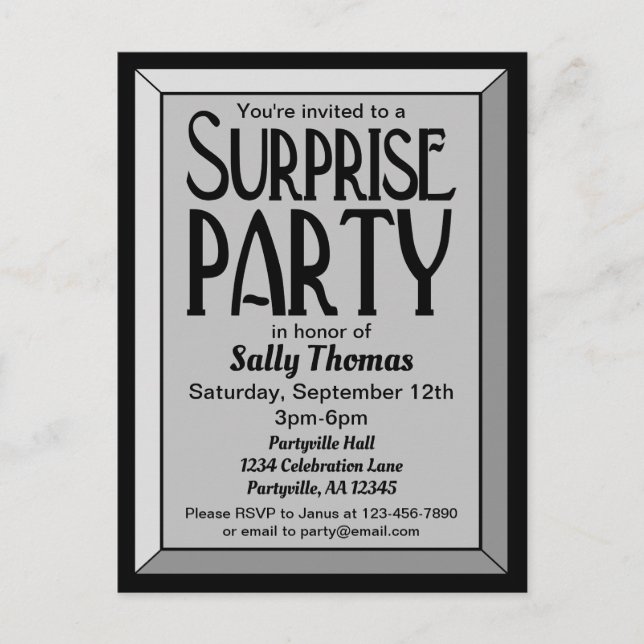 Silver Art Deco Beveled Birthday Surprise Party Invitation Postcard (Front)