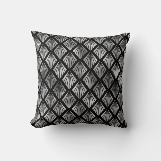Silver Art Deco Fans on Black Throw Pillow (Front)