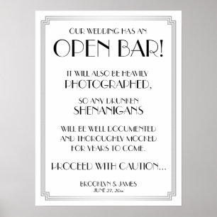 Silver Art Deco Gatsby Open Bar Sign 18x24