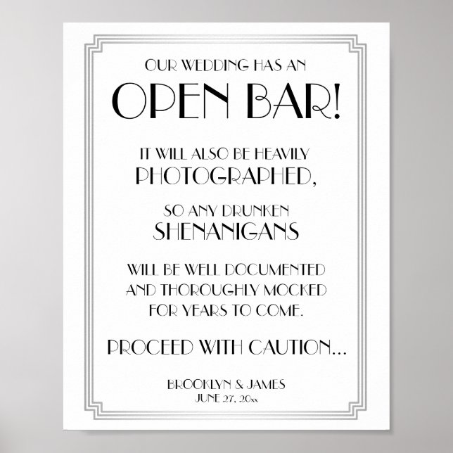 Silver Art Deco Gatsby Open Bar Sign 8x10 (Front)