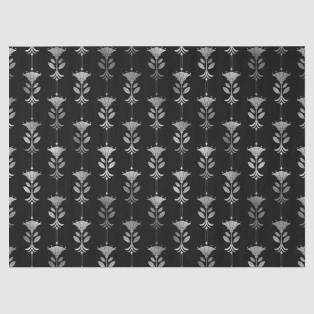 Silver Art Deco Style Flowers on Black Decoupage Tissue Paper (Front)