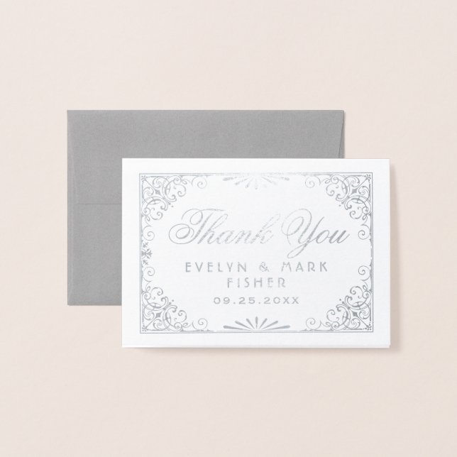 Silver Art Deco Thank You Monogram Wedding Foil Card (Front With Envelope)