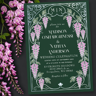 Silver Art Nouveau Pink Wisteria Wedding Invitation