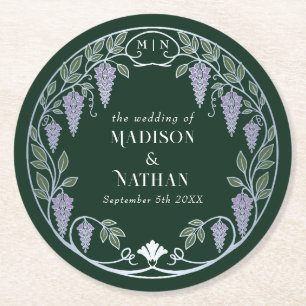 Silver Art Nouveau Purple Wisteria Wedding Round Paper Coaster
