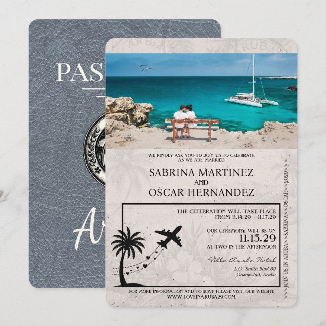 Silver Aruba Passport Wedding Invitation (Front/Back)