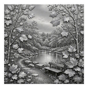 Silver Autumn River Forest Metallic Leaf Relief Poster