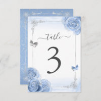 Silver Baby Blue Roses Elegant Table Number Card