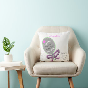 Silver Baby Rattle Pink Bow Star PERSONALIZE Throw Pillow