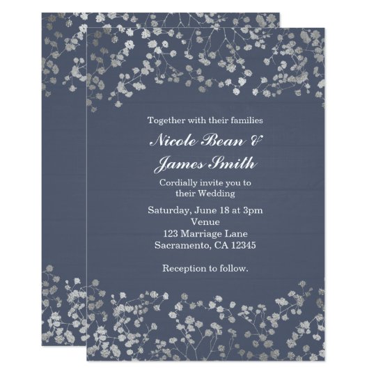Silver Baby's Breath Blue Wood Wedding Invitation