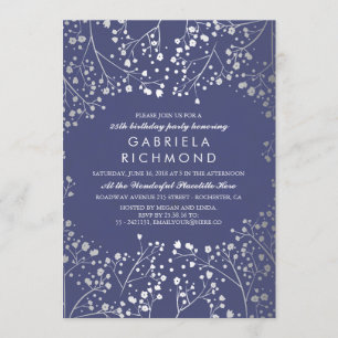 Silver Baby's Breath Elegant Navy Birthday Party Invitation