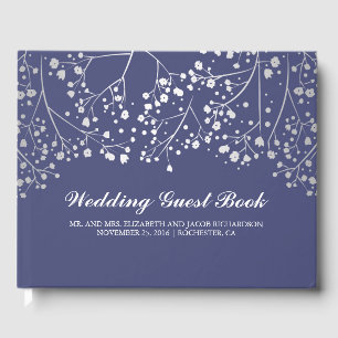 Silver Baby's Breath Floral Elegant Navy Wedding Guest Book