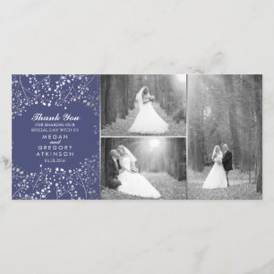 Silver Baby's Breath Navy Wedding Photo Thank You Card