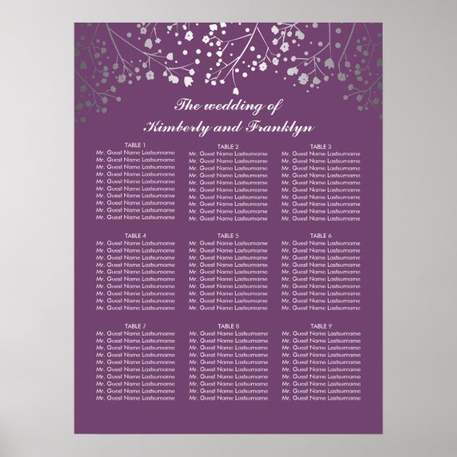 Silver Baby's Breath Plum Wedding Seating Chart (Front)