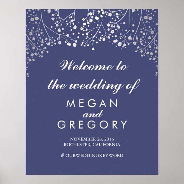 Silver Baby's Breath Wedding Welcome Sign Navy (Front)