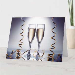 Silver Background Gold Ribbon Champagne Glasses Card
