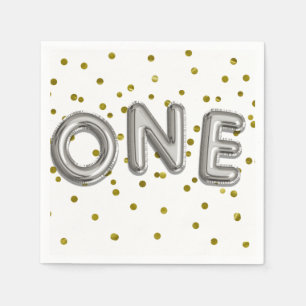 Silver Balloons Gold Confetti ONE 1st Birthday Napkin