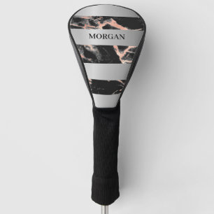 Silver Bands, Black & Rose Gold Marble, Name Golf Head Cover