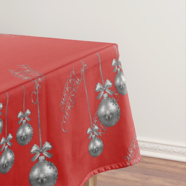 Silver Bauble Design Red Christmas Tablecloth (In Situ)