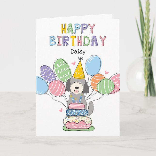 Silver Beige Goldendoodle Dog Happy Birthday Card (Front)