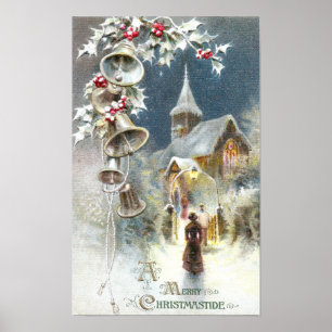 Silver Bells and Church Vintage Christmas Poster