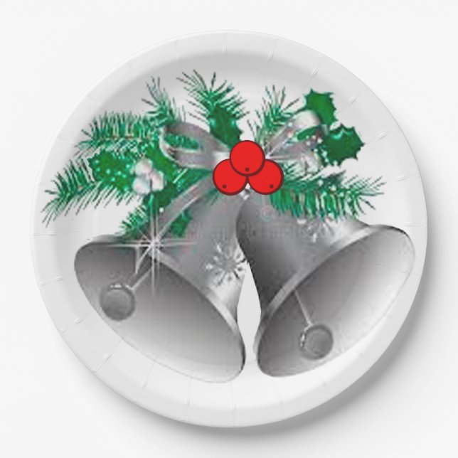 Silver Bells And Holly Paper Plate (Front)