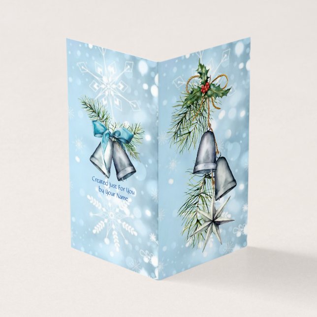 Silver Bells Blue Modern Holly Watercolor (Outside)