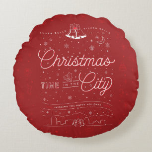 Silver Bells Christmas Round Throw Pillow (Red)