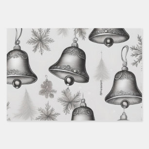 Silver Bells, Holly & Berries and Poinsettias  Wrapping Paper Sheet