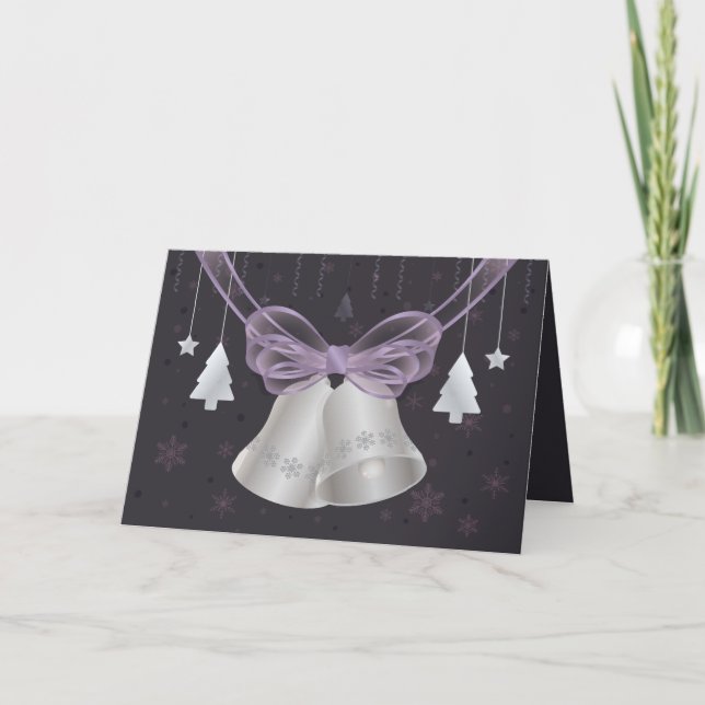 Silver Bells & Purple Bow Holiday Card (Front)