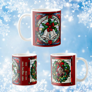 Silver Bells Red Ribbon Faux Stained Glass Coffee Mug