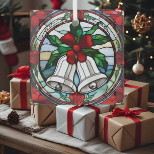 Silver Bells Red Ribbon Faux Stained Glass Ornament
