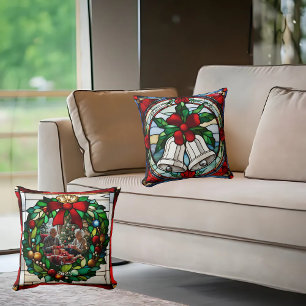Silver Bells Red Ribbon Faux Stained Glass Throw Pillow