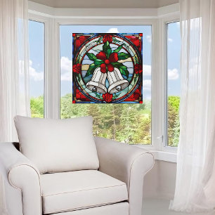 Silver Bells Red Ribbon Faux Stained Glass Window Cling