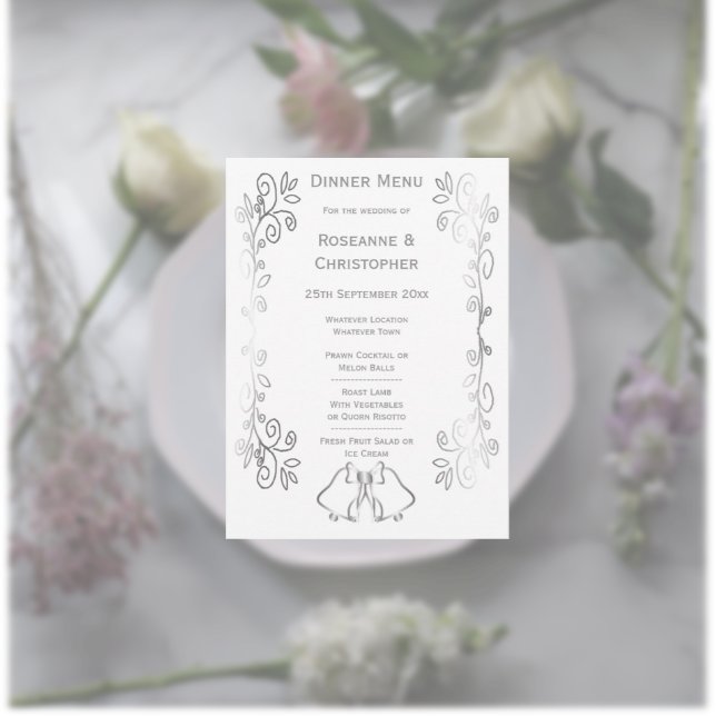 Silver Bells Scrollwork Design Wedding Menu (Silver wedding menu bells and scrollwork design)