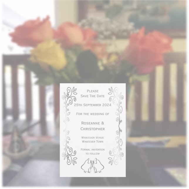 Silver Bells Scrollwork Design Wedding Save The Date (Silver wedding save the date card bells and scrollwork design)