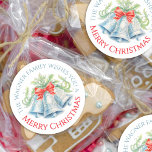 Silver bells watercolor red bow Merry Christmas Classic Round Sticker<br><div class="desc">Add a touch of elegance to your Christmas gifts with these three silver bells holiday season stickers, pretty silver blue coloured bells and greenery foliage with a bright red bow. Personalize with your own family name or business and choice of greeting. Other colours and matching items are available or can...</div>