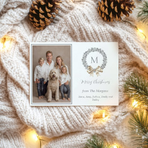 Silver Bells Wreath Monogram Photo  Holiday Card