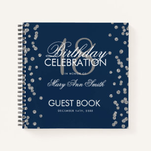 Silver Birthday Guestbook Glitter Confetti Navy Notebook