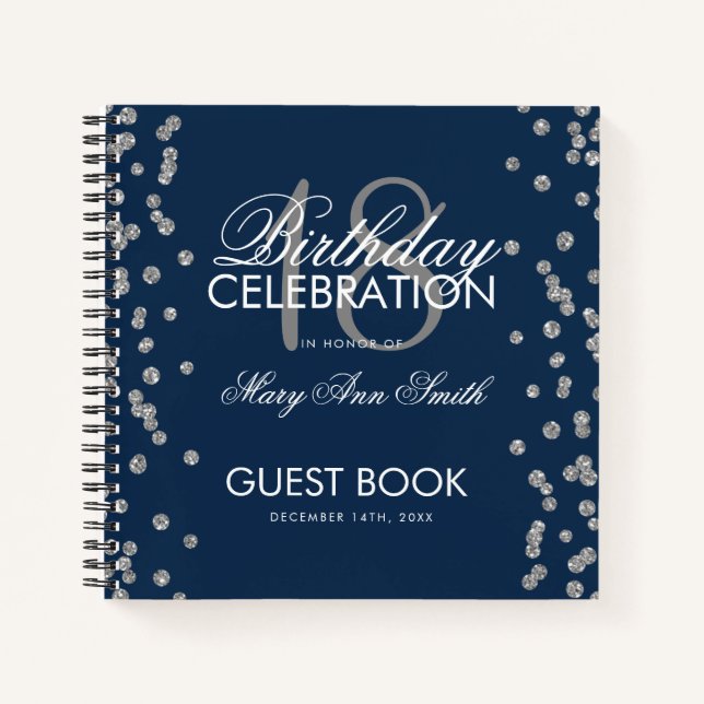 Silver Birthday Guestbook Glitter Confetti Navy Notebook (Front)
