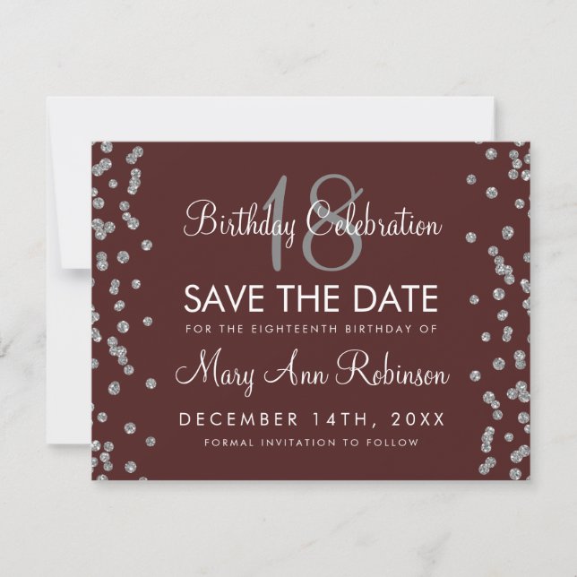 Silver Birthday Save Date Confetti Burgundy Save The Date (Front)