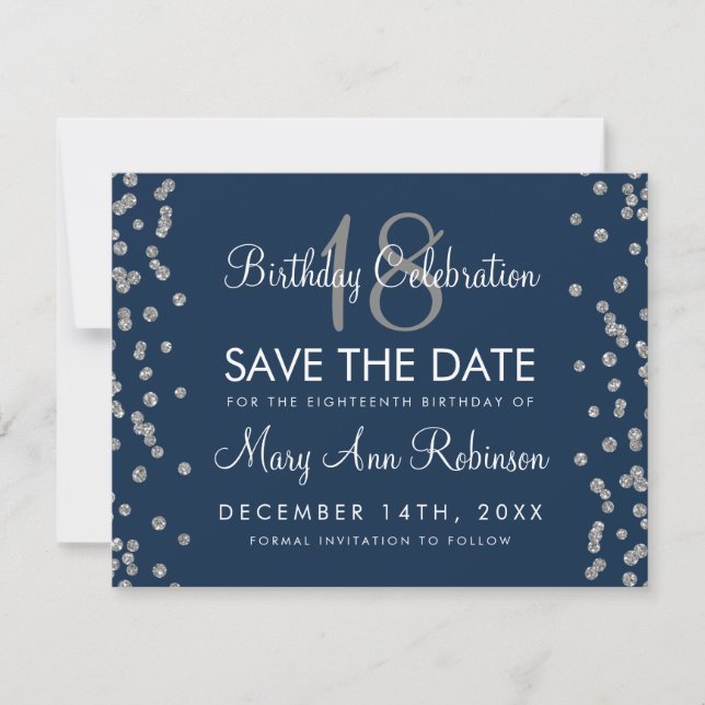 Silver Birthday Save Date Glitter Confetti Navy Save The Date (Front)