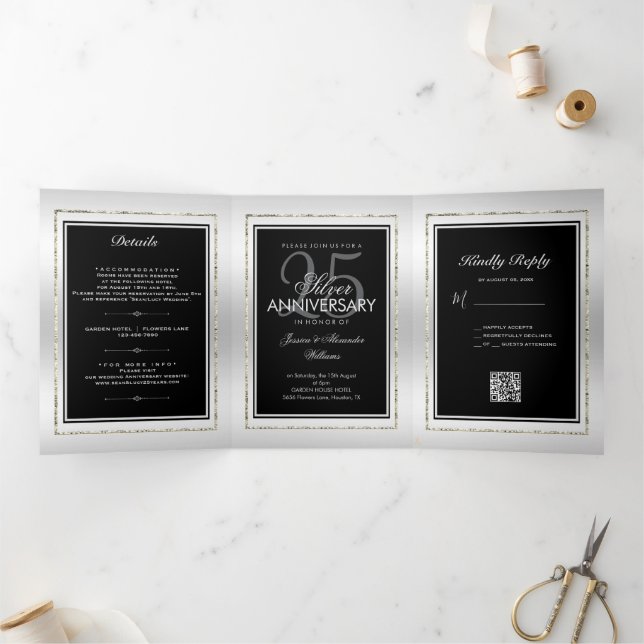 Silver & Black 25th Wedding Anniversary QR Code Tri-Fold Announcement (Inside)